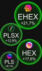 A mobile screenshot showing cryptocurrency price increases with green bubbles displaying EHEX +21.7%, PLSX +12.9%, HEX +17.6%, and PLS +8.1%.