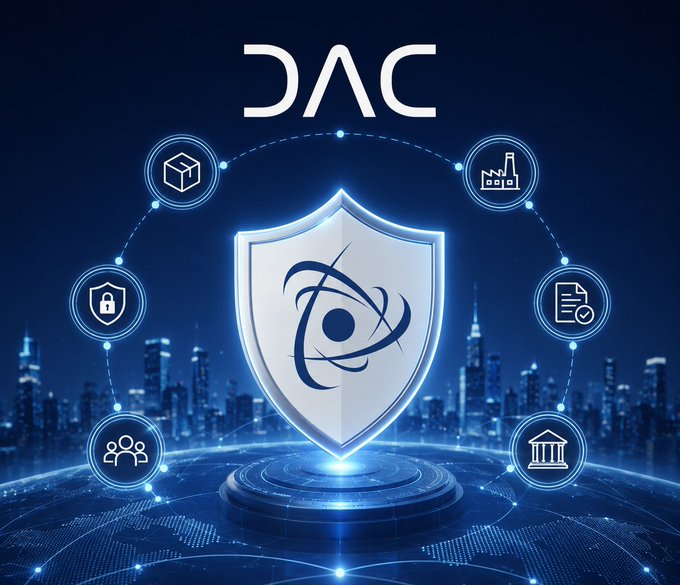 A digital security-themed graphic featuring 'DAC' text above a glowing shield icon, surrounded by smaller icons representing various features like security, factories, and documents against a futuristic cityscape.