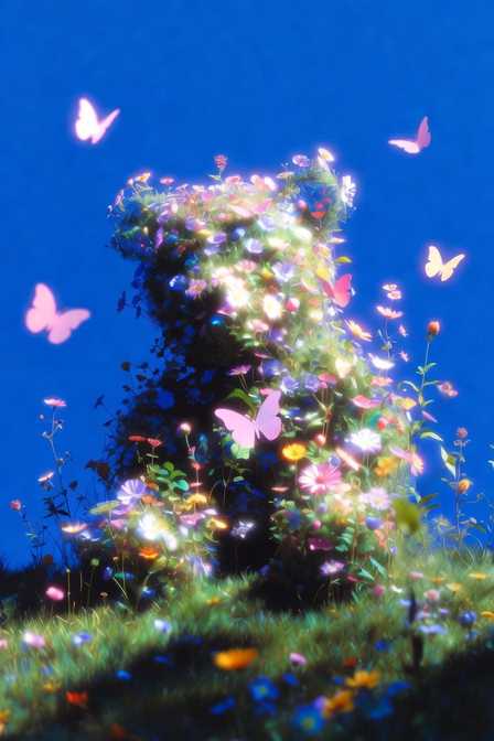 The image features a teddy bear sitting among flowers and butterflies against a blue sky background, with the caption "Good Morning X , Are you guys using @useTria or not? How is your experience of Using Tria?". The presence of the teddy bear surrounded by flowers and butterflies creates an interesting contrast between nature's beauty and human-made technology.