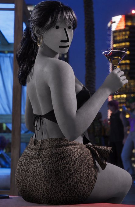 A 3D-rendered woman in a black bikini top and leopard-print wrap skirt sits at a rooftop bar at night, holding a martini glass, with her face stylized as a minimalist mask with simple black dots and lines.