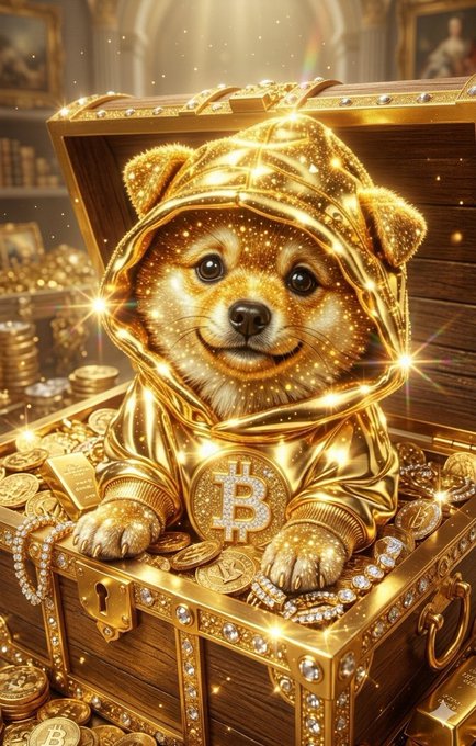 A digital artwork depicting a golden Shiba Inu dog wearing a hoodie, sitting in a treasure chest overflowing with gold coins and diamonds, featuring a Bitcoin symbol on its chest.