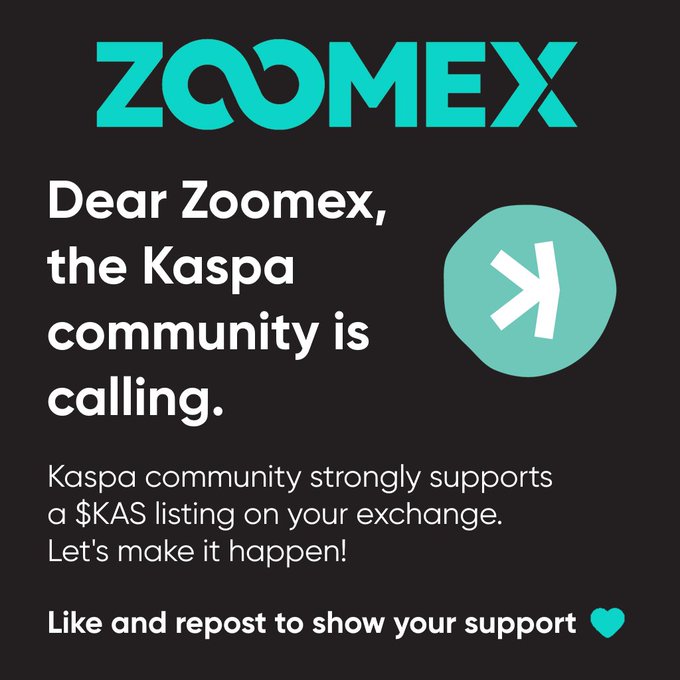 The image shows a black background with white text that reads "Dear Zoomex, the KASPA community is calling." The message encourages users to like and repost the post to show their support for the decentralized cryptocurrency called Zoomex.