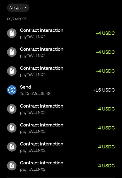 A cryptocurrency transaction history dated 09/24/2026 showing multiple contract interactions with payTxV...LNX2 receiving +4 USDC each, and one send transaction of -16 USDC to DriJMs...9c4S.