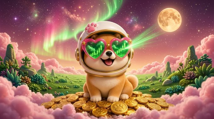 A digital illustration of a cute Shiba Inu dog wearing an astronaut helmet and green heart-shaped sunglasses with sound wave patterns, sitting on a pile of gold coins against a pink fantasy landscape with auroras and a moon.