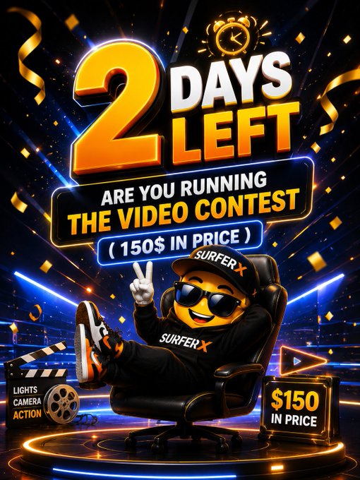 A vibrant promotional poster declares "2 DAYS LEFT" for a "VIDEO CONTEST" with a $150 prize, featuring the SurferX mascot character relaxing in a chair.