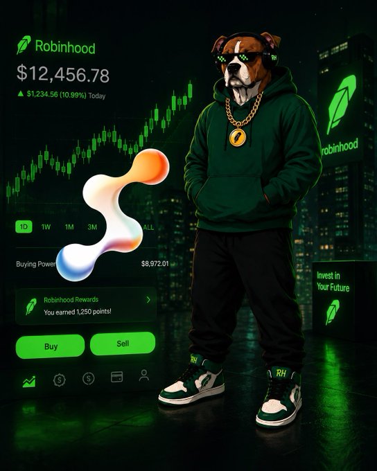 A green-jacketed dog mascot in sunglasses and a gold chain stands beside a Robinhood-style trading interface showing a $12,456.78 portfolio with $1,234.56 (10.99%) daily gains, visually celebrating the post's boast of a "successful AF" launch and massive wins alongside a rising stock chart.