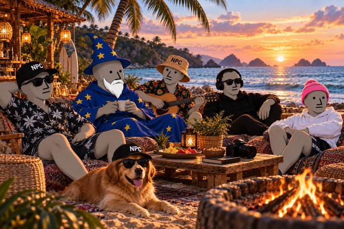 A group of NPCs—including a wizard, guitarist, beachgoers, and a golden retriever—hang out by a tropical bonfire at sunset, with several figures wearing "NPC" hats, parodying the crypto trading community. The laid-back, meme-style scene ties to the post's bullish Bitcoin sentiment, suggesting the trader is watching key resistance at $75/76k and anticipating a "Wizz season" breakout.