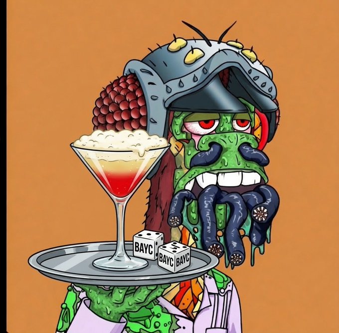A colorful cartoon illustration of a green monstrous waiter with a tentacle beard and spiked helmet, holding a tray with a layered cocktail and BAYC-branded ice cubes.