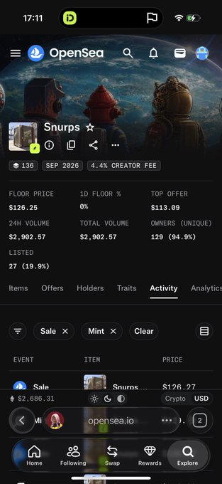 A mobile view of the OpenSea NFT marketplace app showing the 'Snurps' collection page with a floor price of $126.25, 24H volume of $2,902.57, 129 unique owners, and an activity tab displaying recent sales.