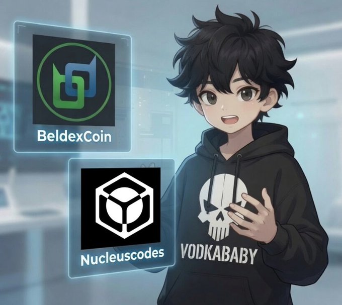 An anime-style illustration of a dark-haired boy wearing a hoodie labeled 'VODKABABY', with two glowing panels displaying logos for 'BeldexCoin' and 'Nucleuscodes'.