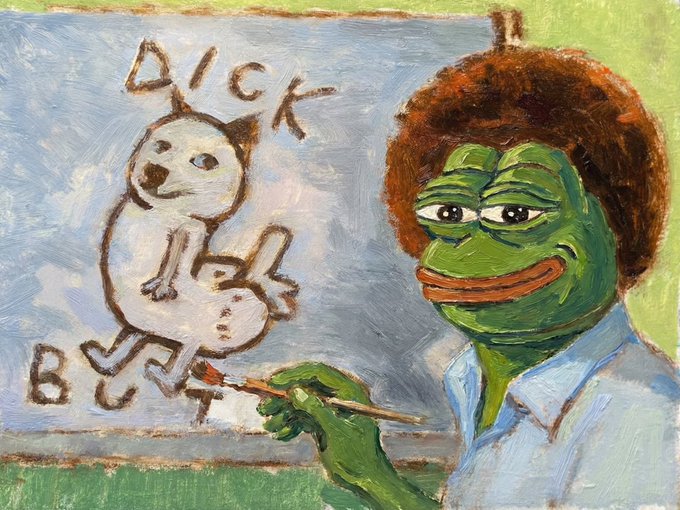 A painted artwork of Pepe the Frog in a blue shirt painting a crude stick-figure drawing of a butt with the words 'DICK' and 'BUTT' written on a canvas.