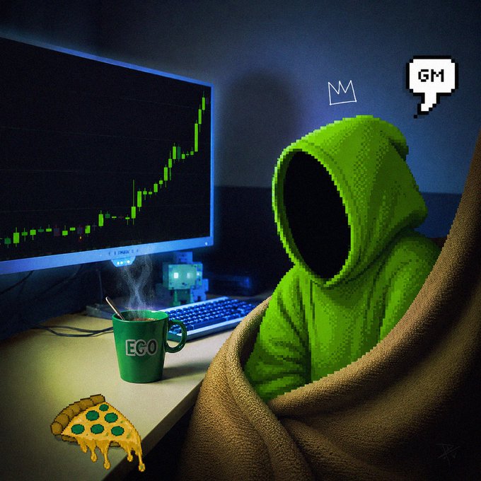 A pixel art-style illustration of a figure in a green hoodie with a blacked-out face sitting at a desk looking at a green candlestick chart on a monitor. A mug labeled 'EGO', a glowing keyboard, and a pixelated pizza are on the desk, with 'GM' in a speech bubble above.