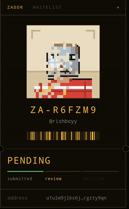 Digital ID card on a ZADDR WHITELIST interface displaying a pixelated avatar of a character, with username "@rishboyy," the ID "ZA-R6FZM9," a status showing "PENDING" at the submitted stage, and an address starting with "u1u1m9jlks6j_rgzty9qn".