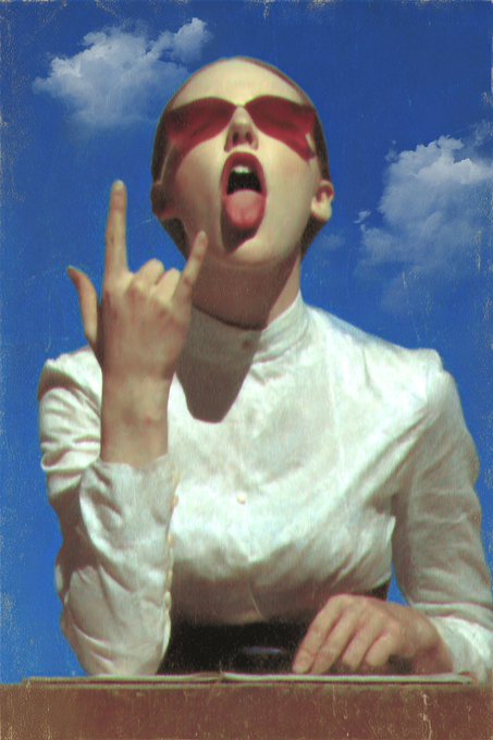 A stylized photo of a woman with sunglasses against a blue sky with clouds, raising her middle finger with her mouth open in an expressive pose.