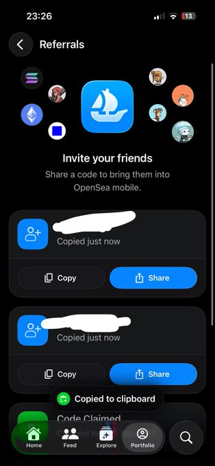 A screenshot of the OpenSea mobile referral screen, showing the option to 'Invite your friends' by sharing a code, with copies to clipboard and share buttons, and friend avatar icons displayed.