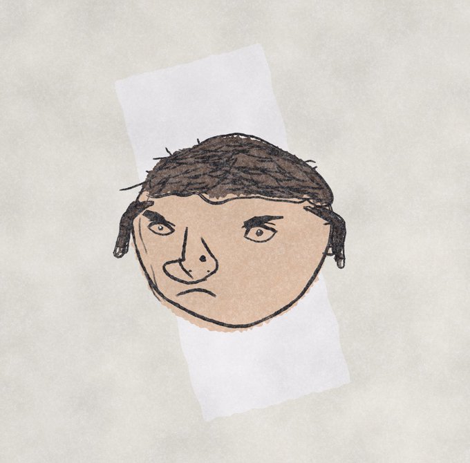 A hand-drawn sketch of a serious-looking male face with dark hair and sideburns on a torn piece of paper, set against a textured beige background.