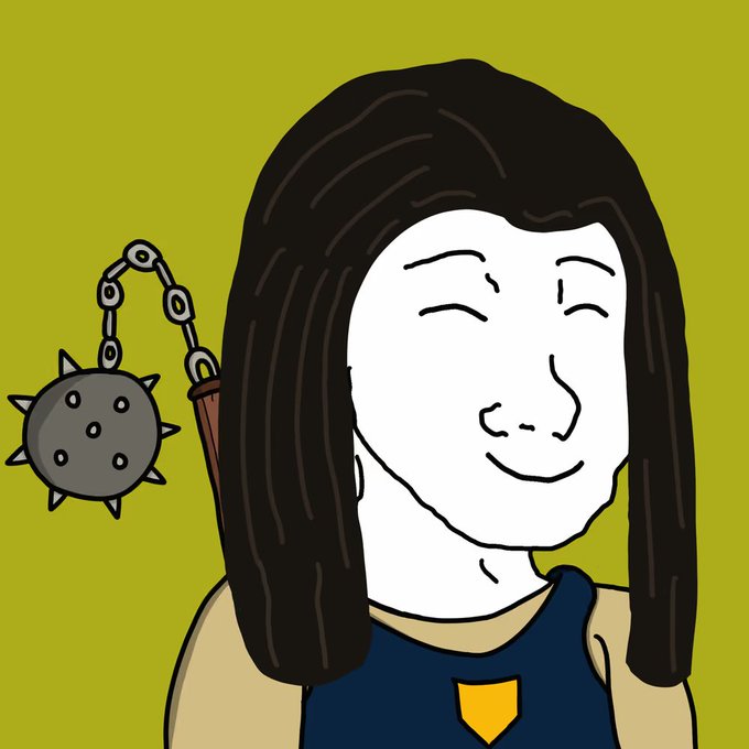 A cartoon illustration of a smiling woman with shoulder-length dark hair holding a spiked mace weapon against an olive green background.