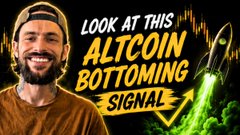 A bearded man smiles next to bold text reading "LOOK AT THIS ALTCOIN BOTTOMING SIGNAL," with a green rocket and a rising chart graph in the background, visually promoting a video analysis of a historically reliable bottom indicator for the altcoin market (TOTAL3), including $XRP.