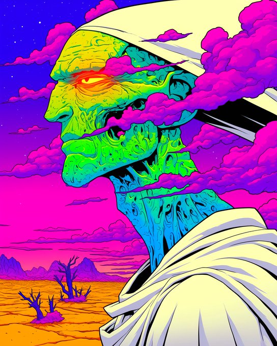 A vibrant, psychedelic digital illustration depicts a green-skinned figure in profile with a glowing orange-red eye, set against a surreal desert landscape with pink and purple clouds and a starry sky.