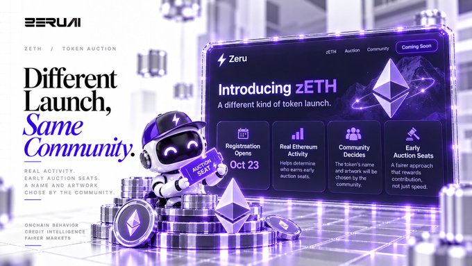 A Zerui promotional graphic for “zETH” says, “Different Launch, Same Community,” highlighting registration opens on Oct 23, real Ethereum activity, community decisions, and early auction seats.
