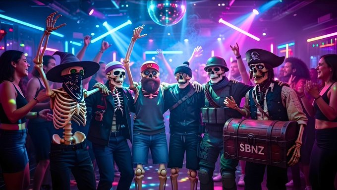 ers dressed as skeletons and pirates celebrate at a lively party, with the skeleton wearing a hat and the pirate holding a flag.