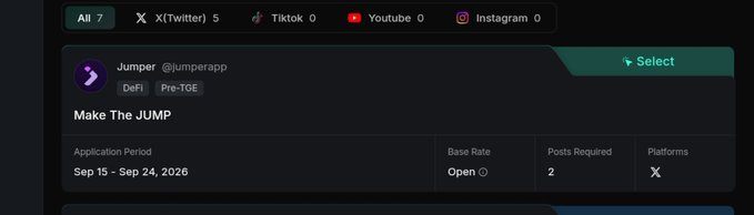 A dark interface displays a job listing from 'Jumper (@jumperapp)' with the title 'Make The JUMP', showing application period Sep 15 - Sep 24, 2026 and an X (Twitter) requirement.