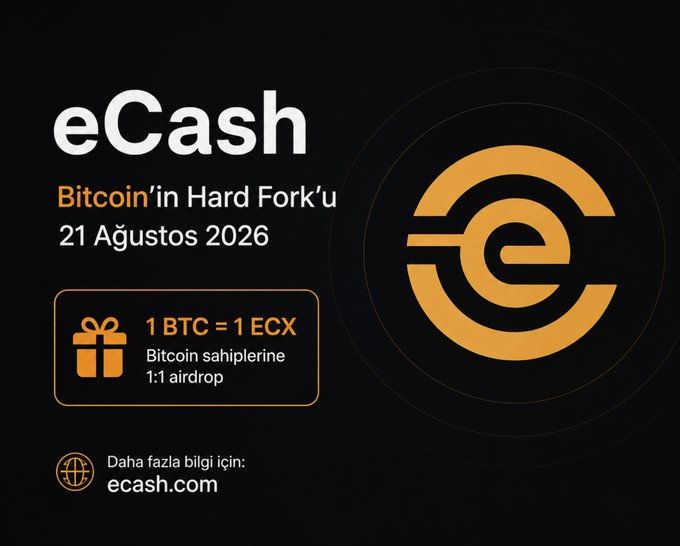 The image is a promotional graphic for **eCash (ECX)**, announcing its hard fork from Bitcoin on **August 21, 2026**, offering a **1:1 airdrop** (1 BTC = 1 ECX) to Bitcoin holders, with more info at **ecash.com**. It features a large orange eCash logo on a black background, visually reinforcing the post's message about the upcoming fork and free token distribution to BTC owners.