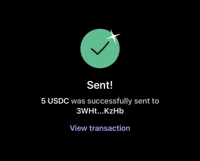 A confirmation screen shows that 5 USDC was successfully sent to the address 3WHt...KzHb, with a "View transaction" link. The image supports the celebratory post by providing visual proof of a token transaction sent to the community.