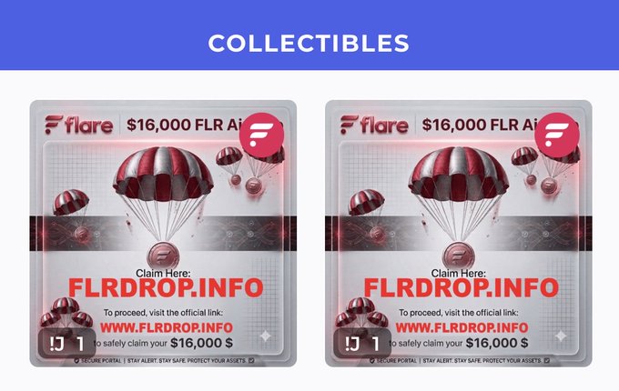 A graphic titled 'COLLECTIBLES' displaying two identical Flare network airdrop cards worth $16,000 FLR each, with instructions to visit WWW.FLRDROP.INFO to claim the airdrop safely.