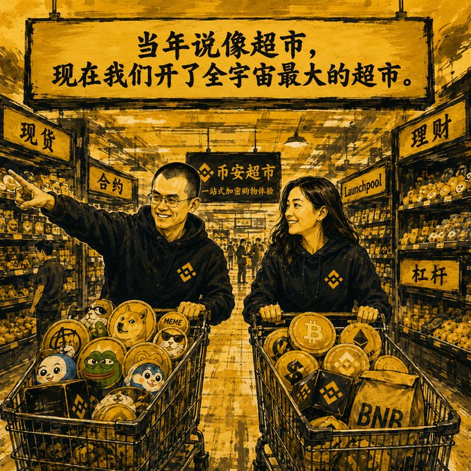 Two young shoppers gleefully push carts overflowing with meme coins, Bitcoin, Ethereum, and BNB-themed tokens through a sepia-toned crypto supermarket, with the Chinese banner reading "当年说像超市，现在我们开了全宇宙最大的超市" ("Back then they called it a supermarket, now we've opened the biggest supermarket in the universe") and signs labeled "币安超市" (Binance Supermarket), "Launchpool," "合约" (Futures), "理财" (Wealth Management), and "杠杆" (Leverage) lining the aisles—visually capturing how Binance has transformed from a once-mocked exchange into the dominant "one-stop crypto shopping experience."