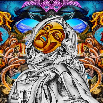 The image features a white piece of paper with a drawing of a woman's face and body, which appears to be a sketch or illustration with a dark theme and a patterned design. The woman has a hood covering her head, giving her an eerie look. The background is filled with various elements, including a castle-like structure on the left side and trees in the center. The image also contains text that reads "Primordial Horror Our collaboration with @Paradigmstories for Partners in Crime Available for bidding with 0.5E reserve price manifold".