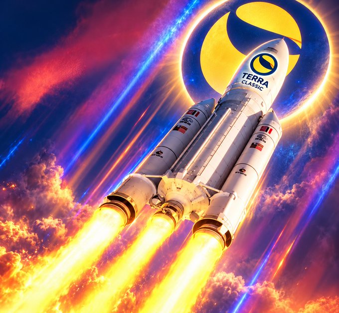 A digital illustration of a white rocket emblazoned with the 'TERRA CLASSIC' logo launching through dramatic clouds with a stylized eclipse in the background.