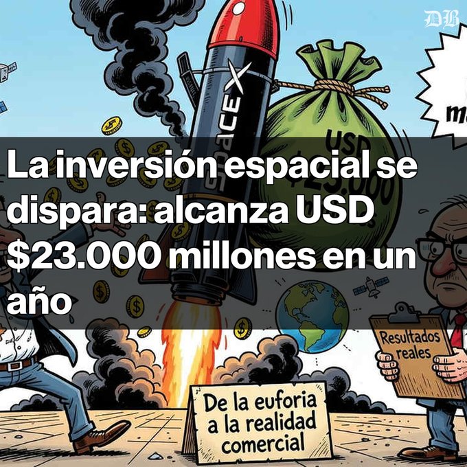 A cartoon image with Spanish text 'La inversión espacial se dispara: alcanza USD $23.000 millones en un año' and 'De la euforia a la realidad comercial', depicting a SpaceX-style rocket launching alongside a large money bag labeled 'USD $23,000,000,000'.