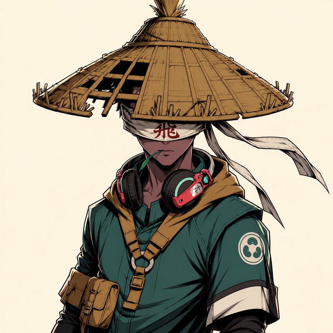 The image features a man wearing headphones and a hat that resembles a traditional Japanese hat called an "azuki". The man appears to be a character from a video game or anime, possibly named Azuki. He is dressed in a green shirt with a brown strap across his chest, which could potentially be a backpack. The man's attire and accessories suggest that he might be a fan of Japanese culture or gaming, as the hat resembles an authentic traditional Japanese headgear.