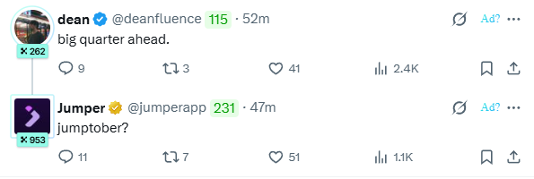 A social media post exchange where user 'dean' (@deanfluence) tweets 'big quarter ahead' and user 'Jumper' (@jumperapp) replies 'jumptober?', referencing XRP with jump timestamps shown.