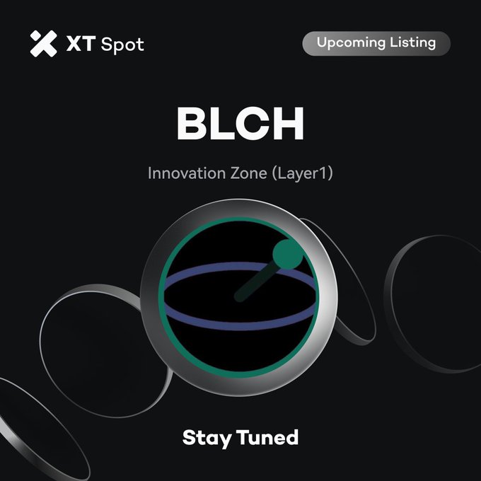 The image is a promotional graphic from XT Spot announcing an upcoming listing of $BLCH (Bloch) in the Innovation Zone (Layer1), featuring the XT Spot logo, an "Upcoming Listing" tag, and a stylized coin illustration with the text "Stay Tuned" below.