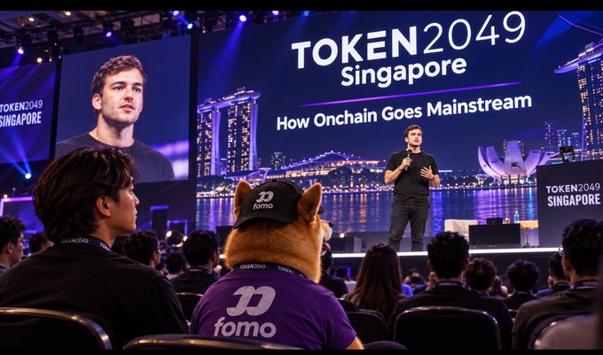 A conference scene at TOKEN2049 Singapore with the theme 'How Onchain Goes Mainstream,' featuring a speaker on stage and an audience member wearing a 'fomo' branded cap and shirt in the foreground.