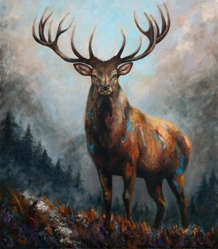 A majestic painted stag with large antlers stands on a misty mountain ridge, with the casual morning greeting "Gm" setting a fresh, nature-inspired tone. The grand, serene deer embodies the tranquility and awe often associated with starting a new day.