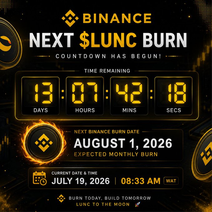 A Binance promotional countdown graphic showing 13 days, 07 hours, 42 minutes, and 18 seconds remaining until the next $LUNC burn on August 1, 2026, captured at 08:33 AM WAT on July 19, 2026. The fiery clock-themed design with the tagline "Burn Today, Build Tomorrow" reinforces the accompanying post's anticipation of watching LUNC tokens get destroyed.