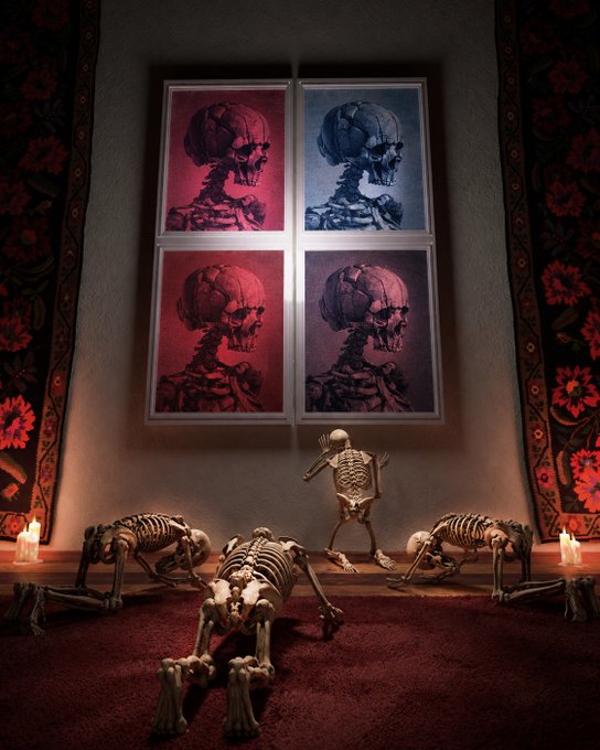 Four skeleton figures arrange themselves below a window displaying four skull portraits, illuminated by candlelight and framed by dark floral tapestries, creating a gothic, eerie scene.
