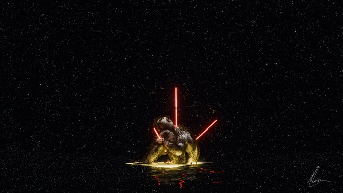 A surreal digital artwork depicts a small, dark, cloud-like figure sitting on a glowing platform against a vast starry background, holding two red lightsabers that extend into the night sky.