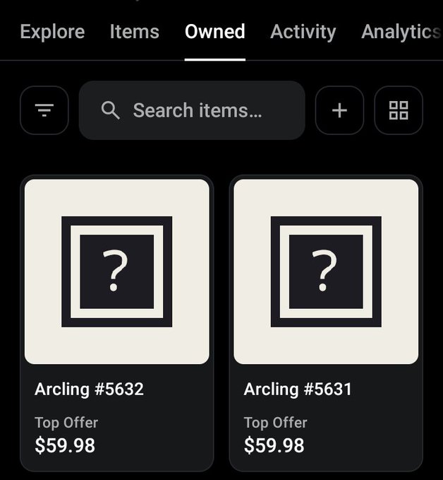 A mobile screen showing the "Owned" tab of an NFT marketplace, displaying two unopened "Arcling" items (#5632 and #5631), each listed with a "Top Offer" of $59.98. The image captures the user's anticipation as they await trading to begin, contemplating whether to hold or sell amid uncertainty (FUD).