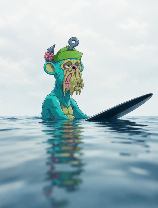 A digital illustration of a worn, zombie-like surf rat with exposed teeth and seaweed dripping from its mouth, wearing a green cap with a hook, and holding a surfboard while partially submerged in the ocean.