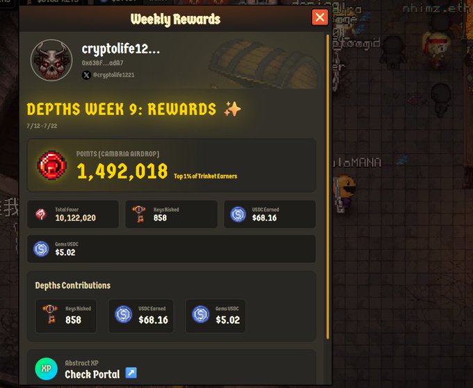 A screenshot of a 'Weekly Rewards' interface showing 'DEPTHS WEEK 9: REWARDS' for user 'cryptolife12...', with 1,492,018 points placing them in the top 1% of Trinket Earners, including stats like 858 Keys Rushed and $68.16 USDC earned.