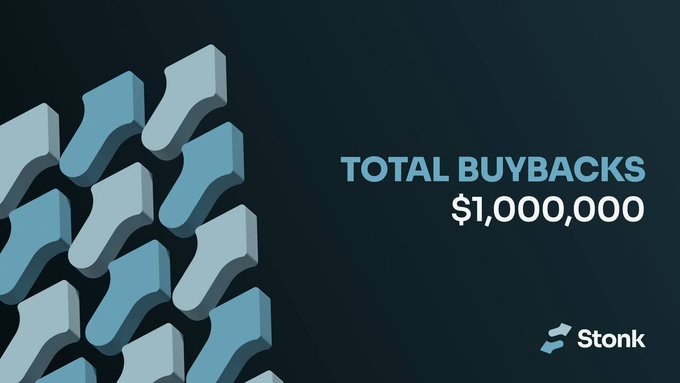 A promotional graphic displays 'TOTAL BUYBACKS $1,000,000' with the 'Stonk' logo in the bottom right corner.