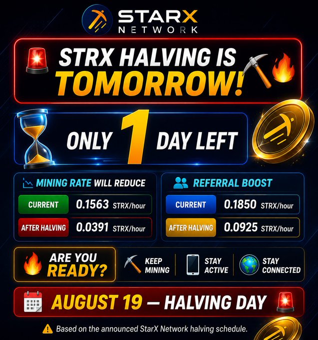 A StarX Network promotional graphic announces that the STRX halving is tomorrow (August 19), displaying a countdown of "Only 1 Day Left" alongside before/after rates for mining (0.1563 to 0.0391 STRX/hour) and referral boosts (0.1850 to 0.0925 STRX/hour), with the post reinforcing these figures and encouraging users to keep mining and stay connected ahead of the event.