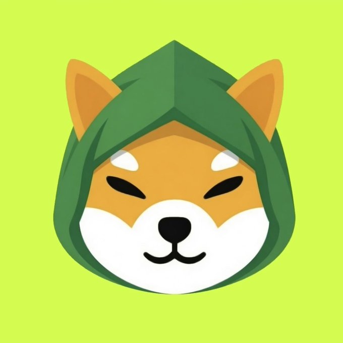 A digital illustration of a smiling Shiba Inu dog face wearing a green hood against a bright yellow-green background.
