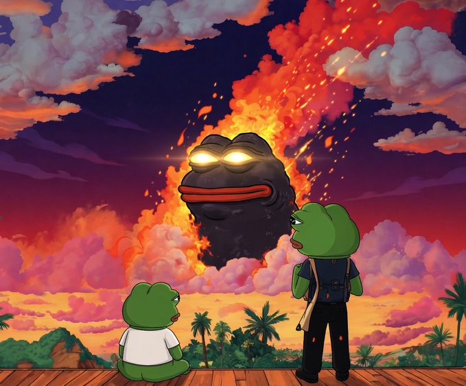 An anime-style illustration of two Pepe the Frog characters watching a giant, glowing-eyed Pepe head erupting with flames and embers in a dramatic sunset sky over a tropical landscape.