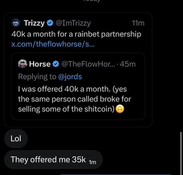 A screenshot of a Twitter thread where user Horse (@TheFlowHorse) claims to have been offered $40k per month for a partnership, with Trizzy (@ImTrizzy) quoting the tweet to highlight the offer, followed by someone saying they were offered $35k—relating to the post's jab at CT influencers wearing "trader costumes" while secretly taking large promotional payouts.