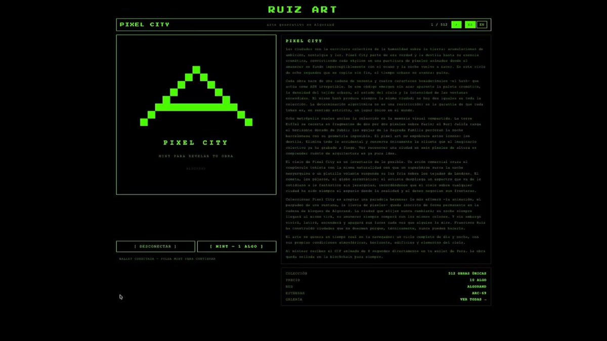 The image presents a screenshot of a website dedicated to generating art using code. On the left side, there's an overview of the site with a green banner displaying "Pixel City" and the name of the collection displayed beneath it. The site description includes information about the size of the pieces as well as their download time, which is 8 seconds. There are two distinct posts visible in the image: one named "#Algorand mint on the website itself", indicating a code-generated image of mint, and another post titled "NFTs 8-second GIFs", suggesting an art collection on the website with corresponding NFTs.